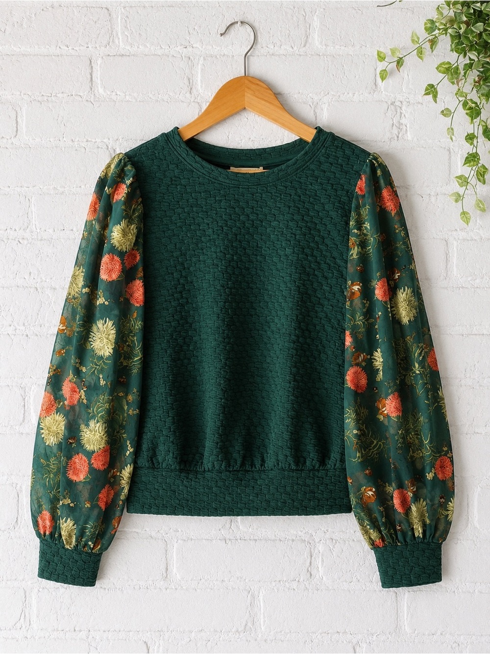 Porridge Anthropologie Forest Green Floral-Sleeve Women's Blouse